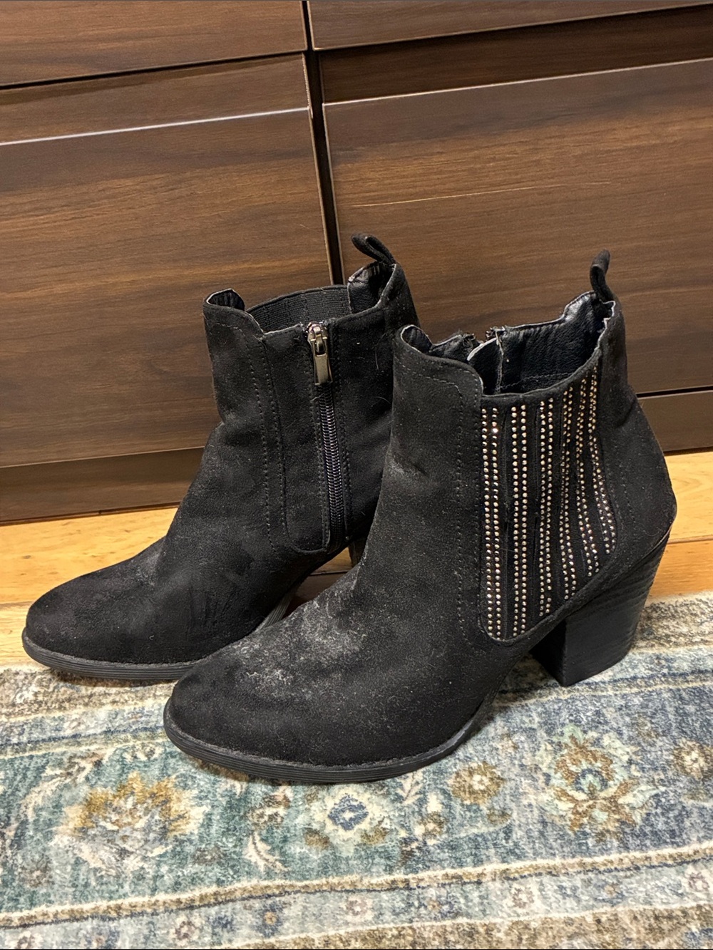 Black Suede Chelsea Western Ankle Boots with Studded Elastic Side